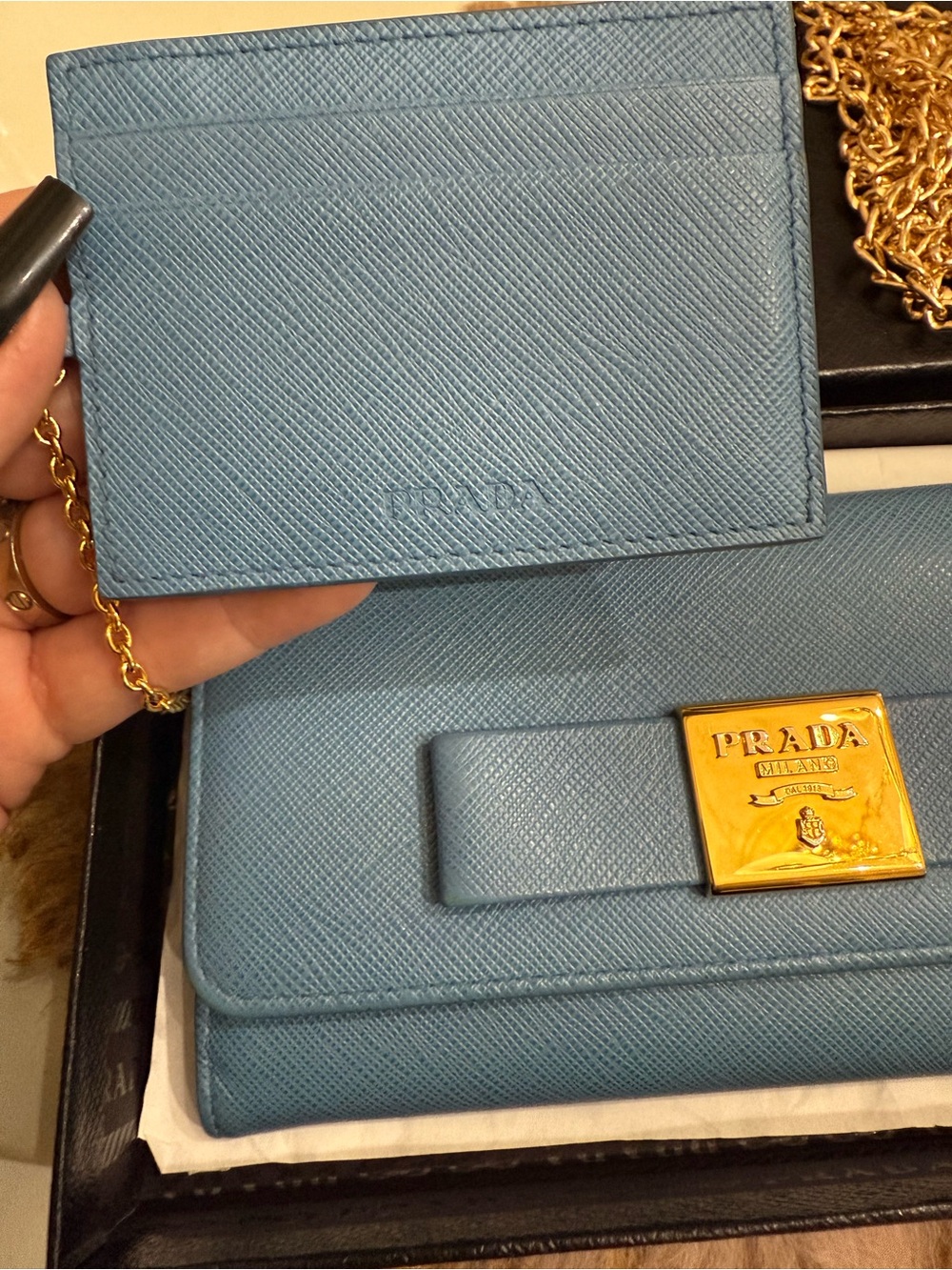 Prada Saffiano Lux Bow Continental Wallet Light Blue Gold Hardware W/ Chain Card - Picture 4 of 16